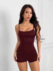 SHEIN PETITE Women's Solid Color Lace Panel Spaghetti Strap Simple Slim Jumpsuit - Red Violet - View 4