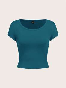 SHEIN EZwear Áo thun nữ màu đen dáng ôm, cổ tròn, tay raglan, kiểu dáng tối giản, thường ngày. - màu xanh lá - Xem 2