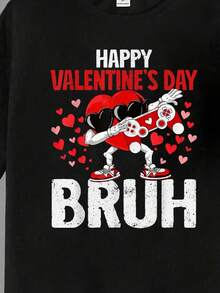 青少年男孩休闲时尚创意个性化清新简约卡通爱心图案游戏机字母标语印花基础款短袖T恤，舒适透气，适合情人节氛围 - 黑色 - 查看 4