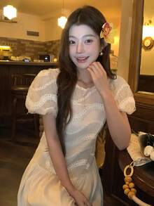 DAZY Women's Round Neck Textured Korean-Style Midi Party Dress - White - View 8