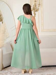 Tween Girl Sage Green Elegant Wedding Flower Girl Dress, Summer Chiffon High Waist Ruffle Shoulder Ruffle Trim Front Short Rear Long Princess Dress - Green - View 2
