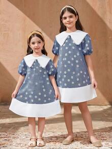 SHEIN Tween Girl Plaid Daisy Pattern Puff Sleeve Cute Dress - Blue - View 7