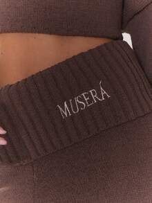 MUSERA Oversized Rib Knit Embroidered Detail Wide Leg Co-Ord Trousers Only Cosy Cute Casual Winter Chic Coffee Club Spring - Chocolate Brown - View 6