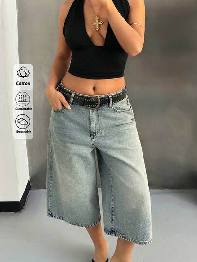 EURMUSE Shorts jeans femininos de perna larga, folgados e versáteis, com bolsos.