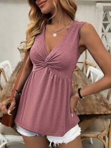 SHEIN LUNE 女士休闲前扭褶皱V领无袖背心，夏季 - 紅木色 - 查看 6