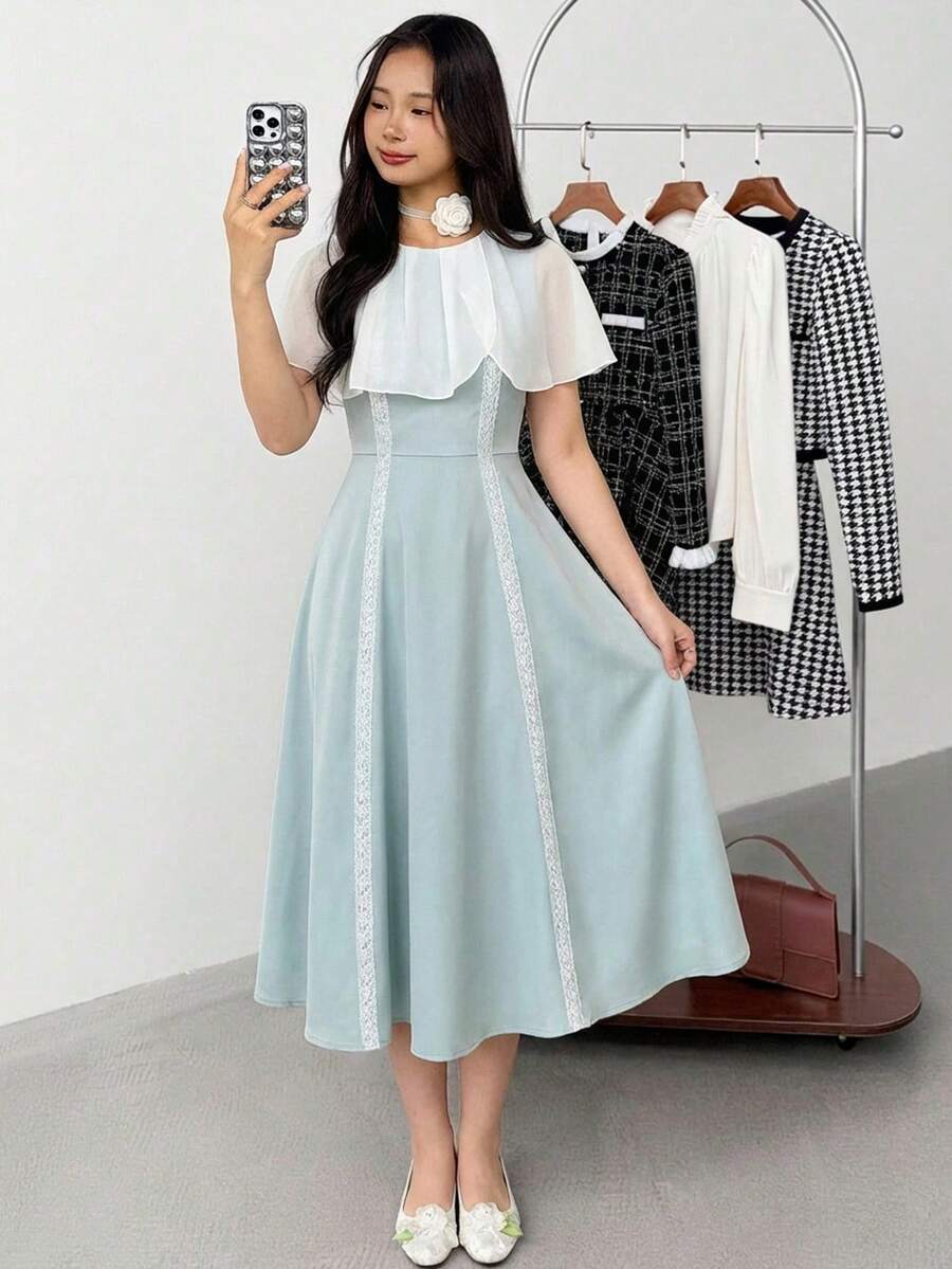 SHEIN 少女休闲拼接连衣裙,适合上学、通勤和日常穿着。 - 綠色 - 查看 1