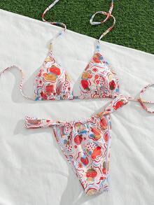 Swim Mod Women's Spring/Summer Beach Music Festival Fruit Printed Triangle Bikini Set With Thong - Multicolor - View 6