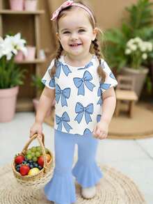 SHEIN 2 pièces/Set T-shirt à manches courtes avec imprimé nœud minimaliste et pantalon évasé bleu pour bébé fille. Convient pour les sorties d'été. - Multicolore - Voir 3