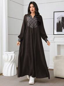Al Najma New Autumn Vintage Contrast Color Plaid  Casual Dress - Coffee Brown - View 4