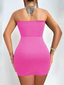 VaVaBold Women's Solid Color Sexy Tube Top Mini Dress, Summer For New Year Clothes - Pink - View 2