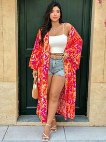 Ceyna Plus Size Boho Multicolor Random Print Long Kimono Sleeve Woven Fabric Belted Long Coat Fall - Multicolor - View 1