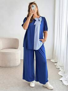 SHEIN Essnce Plus-Size Women's Summer Cute Everyday Blue And White 2pcs Set,Fashionable Casual Loose Bow-Tie Top & Wide-Leg Pants,Vacation Outfits For Mother - Blue - View 1