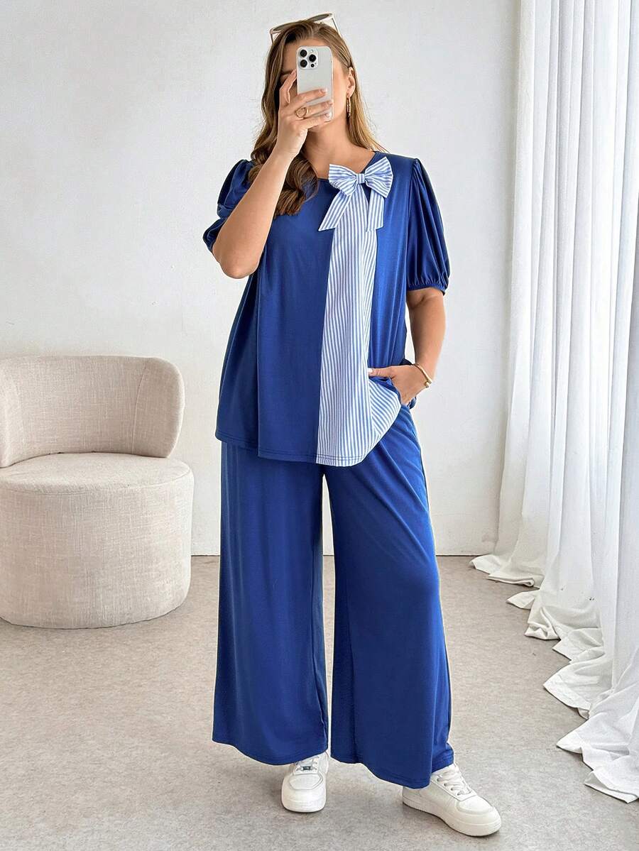 SHEIN Essnce Plus-Size Women's Summer Cute Everyday Blue And White 2pcs Set,Fashionable Casual Loose Bow-Tie Top & Wide-Leg Pants,Vacation Outfits For Mother - Blue - View 1