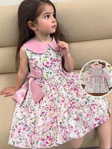 SHEIN Young Girl Ditsy Floral Peter Pan Collar Side Waist Bow Decor Sleeveless Cute Dress - Multicolor - View 1