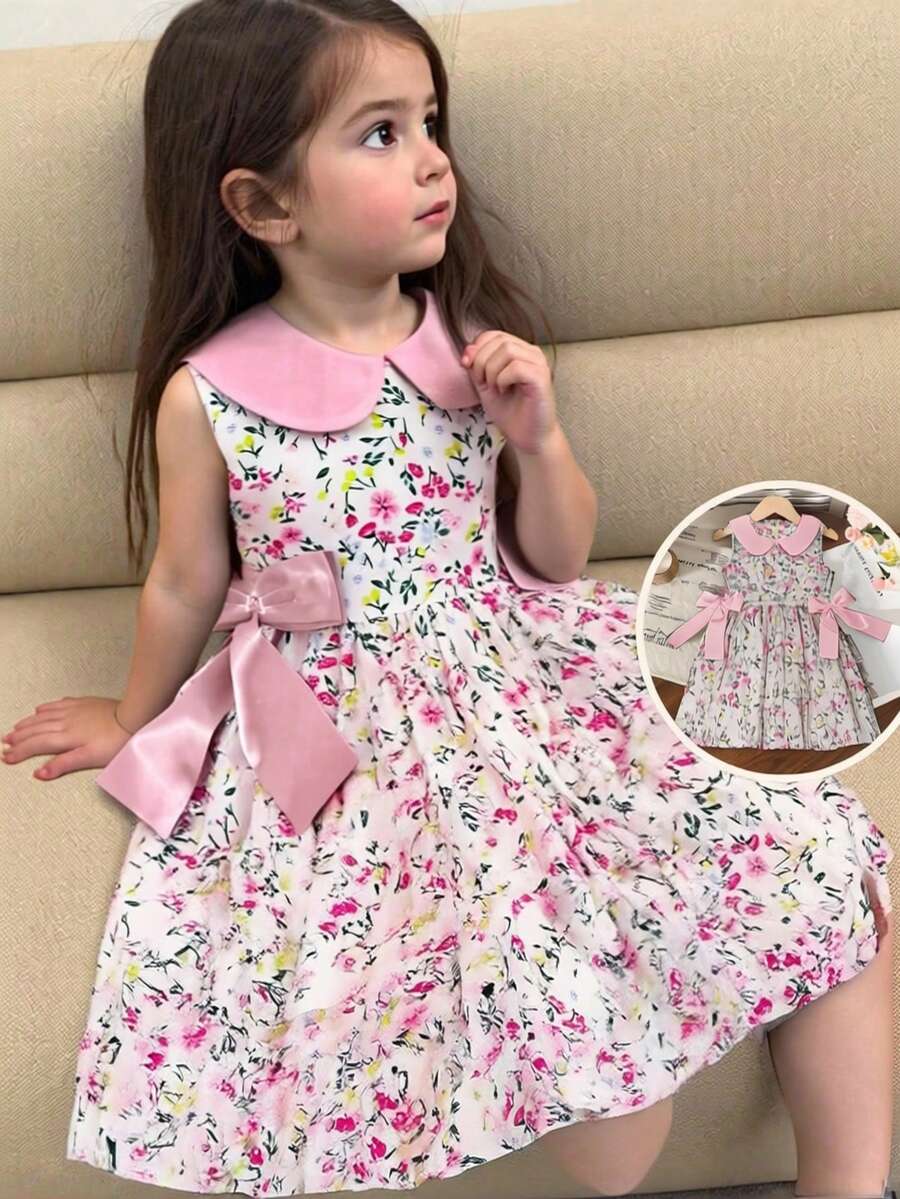 SHEIN Young Girl Ditsy Floral Peter Pan Collar Side Waist Bow Decor Sleeveless Cute Dress - Multicolor - View 1