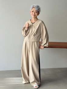 FRIFUL Women's Casual Khaki Jacket And Straight Leg Pants Two Pieces Set, Loose Fit, Versatile For Spring And Summer - Grey - View 4