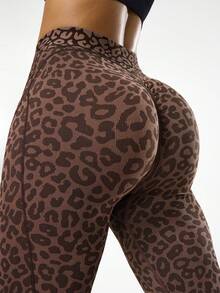 Easithlete 1件装女士无缝性感豹纹交叉腰部轮廓紧身裤，适合瑜伽、健身、舞蹈、体操 - 咖啡棕 - 查看 6