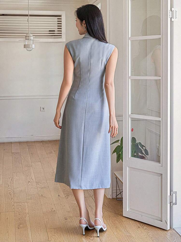 Women's Elegant Lapel Pocket Sleeveless Long Dress, Summer Wedding Guest Dress Maxi Dress Sundress
