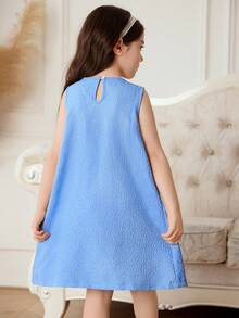 Girlhood Core Girls Blue Bow Decor Pleated Detail Fashion Minimalist Versatile Casual Outfit - Blue - View 2