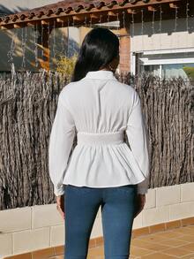 Yess Loren 女式翻领长袖褶饰荷叶边下摆白色衬衫、白色女式衬衫、女式纽扣衬衫、女式长袖衬衫、白色纽扣衬衫、节日衬衫、职业装、商务休闲女装