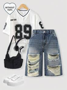 SHEIN Sparklyn Teen GirlGirl's Fashion Y2K Style Black & Grey Distressed Rhinestone Embellished Denim Capri Shorts - Medium Wash - View 1