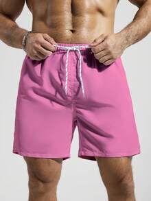 Manfinity KASUA Pantalones cortos de playa para hombre de unicolor con cintura de cordón y bolsillos inclinados, verano, vacaciones - Rosado Sandía - Ver 3
