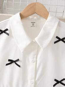 SHEIN 少女休闲时尚学院风纯色不对称拼接蝴蝶结装饰喇叭袖修身衬衫裙，白色衬衫裙 - 白色 - 查看 9