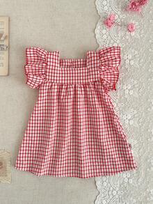 SHEIN Babygirls Summer Red Plaid Cap Sleeve Mini Dress, Countryside Style, Cute Pattern, Lightweight Silhouette, Suitable For Outdoor, Casual, And Party Occasions - Red - View 2