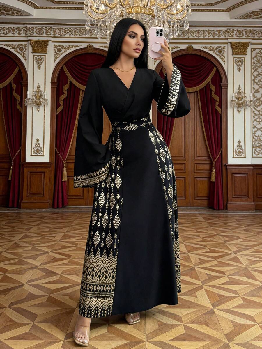 Rafferiza 方领褶裥优雅雪纺长裙，黑色金箔花卉印花，长袖，优雅浪漫，女士秋冬/春季连衣裙 - 黑色 - 查看 1