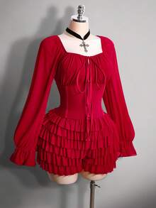 SHEIN ICON Bộ đồ đôi cỡ lớn phong cách Y2K gợi cảm gồm áo lưới cổ vuông nhún bèo tay phồng và quần short mini xếp tầng, màu đỏ rượu vang, thích hợp cho buổi hẹn hò ngày Valentine. - Màu Đỏ Sâu - Xem 7