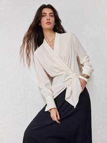 ZEYLAH Color Block Tie-Up Wrap Long Dress, Spring - Apricot - View 6