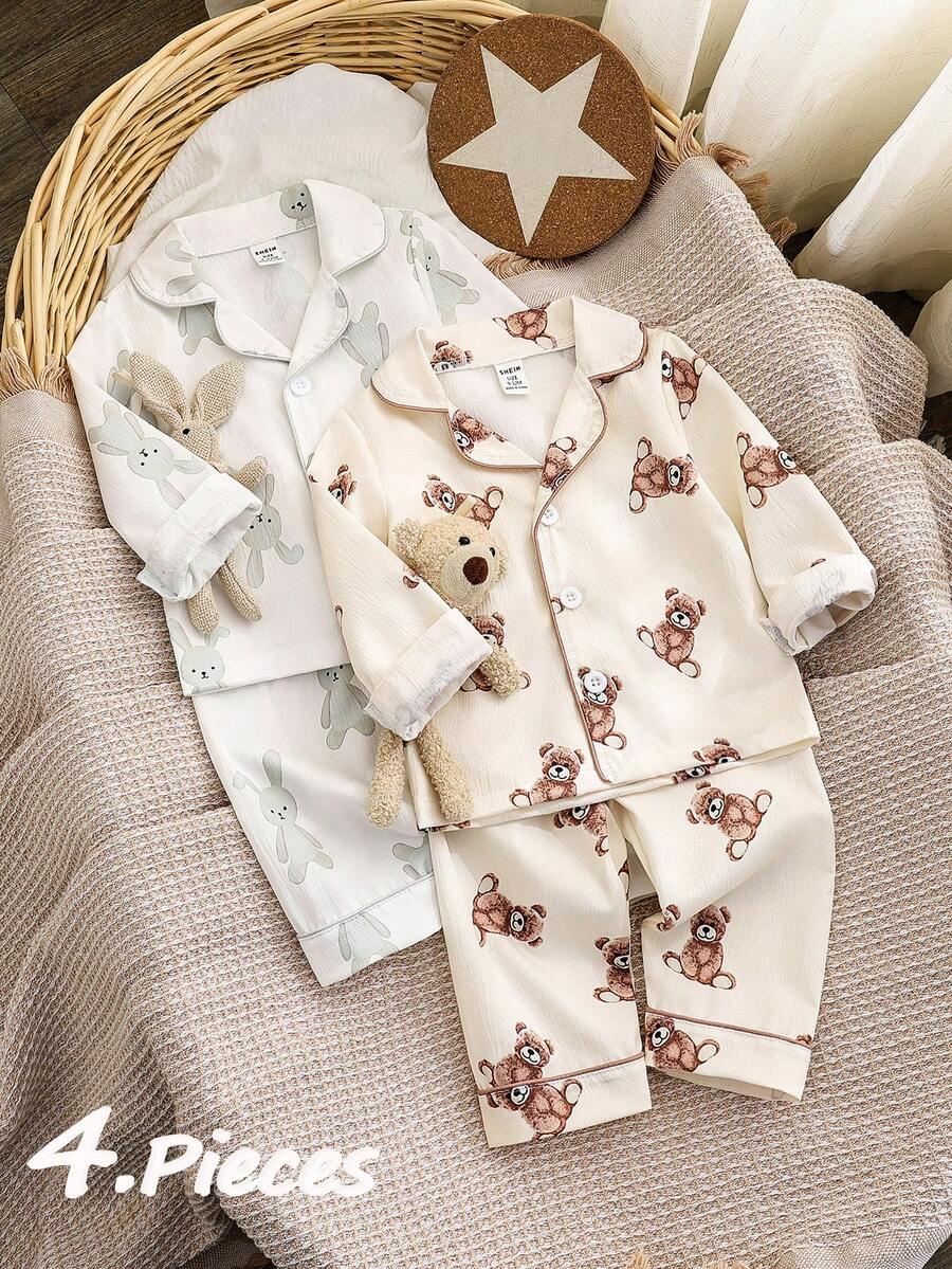 SHEIN Vintaside Kids Bộ 4 món đồ ngủ hở lưng cho bé trai, áo dài tay và quần dài, họa tiết thỏ và gấu dễ thương, vải mềm mại, thoải mái và phù hợp để bé trai mặc hàng ngày - trắng - Xem 1