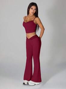 SHEIN PETITE 夏季黑色蕾丝拼接吊带裤+喇叭裤女士修身两件套 - 酒紅色 - 查看 5