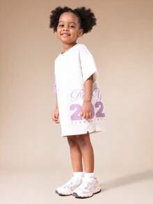 SUMWON Girls Color Block Short Sleeve Crew Neck T Shirt Dress With Purple Sleeves And NYC Number Print For Casual And Vacation - Multicolor - View 5