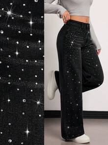 SHEIN Tall 春夏女士派对嘉年华情人节时尚闪亮水钻设计中腰直筒宽松休闲亮面牛仔裤 - 黑色 - 查看 1