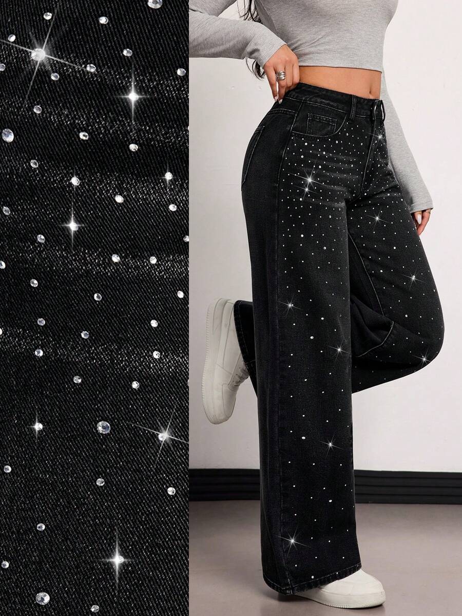 SHEIN Tall 春夏女士派对嘉年华情人节时尚闪亮水钻设计中腰直筒宽松休闲亮面牛仔裤 - 黑色 - 查看 1