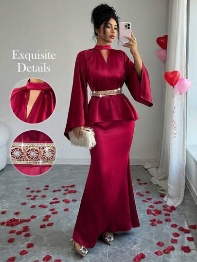 Elenzga 女士优雅花卉蕾丝边饰喇叭袖修身鱼尾连衣裙，适合派对、情人节和约会，两件套