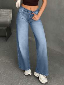 EURMUSE JEANS DE PIERNA ANCHA Y CINTURA MEDIA PARA MUJER - Celeste - Ver 4