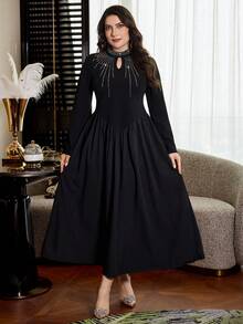 Modelyn Plus Size Women Rhinestone Embellished Drape Neck Long Sleeve Knit Elegant Flared Hem Formal Party Dress - Black - View 7