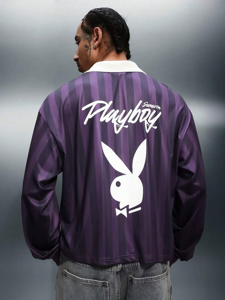 PLAYBOY X SUMWON Boxy Fit Football Long Sleeve Striped T-Shirt With Bunny Logo Print Back Design Casual Crew Neck Top - Purple - View 1
