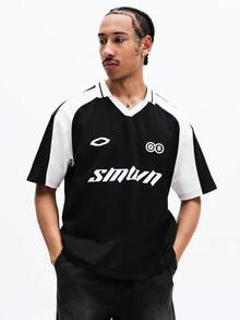 SUMWON Men's V-Neck Short Sleeve Soccer Jersey Style Polo Shirt With Color Block Panel Design Casual - Black - View 4