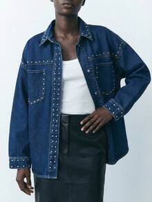 Maija Women's Dark Blue Denim Jacket With Studded Shirt,Oversized Shirts In Y2K Style - Medium Wash - View 3