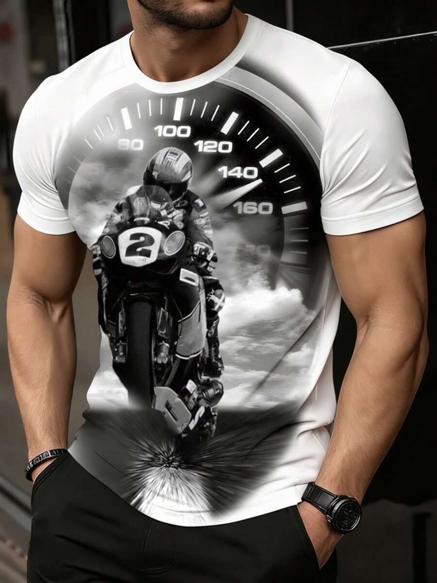 Manfinity Homme 男士摩托车及人物印花圆领短袖休闲T恤 男装 图案T恤 3D印花T恤 男士设计师T恤 摩托车T恤 越野摩托车T恤 - 彩色 - 查看 1