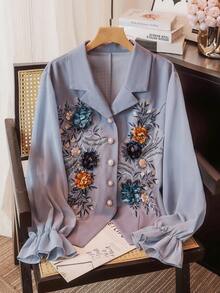 Lacomfia Plus Size Women's Elegant Embroidered Applique Long Sleeve Fitted Shirt With Collar, Suitable For Work - Dusty Blue - View 1