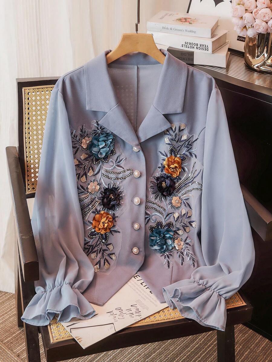 Lacomfia Plus Size Women's Elegant Embroidered Applique Long Sleeve Fitted Shirt With Collar, Suitable For Work - Dusty Blue - View 1