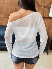 SHEIN EZwear 女士白色薄纱闪光无袖T恤，春夏款 - 白色 - 查看 2