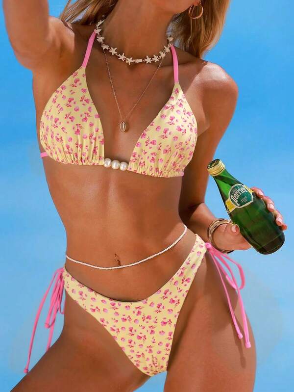 Swim Mod Sweet & Spicy Ditsy Floral Bikini For Women, Halter Neck Pearl Decor Tankini, Beach Resort Sexy Swimwear Beach Bikini