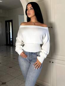 Vassilux Beige Floral 3D Oblique Shoulder Loose Spring Knit Pullover, Romantic For Outings, Spring/Autumn/Winter,Off The Shoulder Sweater - White - View 1