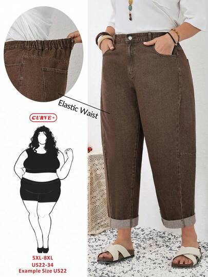 SHEIN CURVE+ Plus Size Casual Washed High Waist Tapered Jeans Spring To Summer Valentine's Day Carnival Costume Commuting Vacation Graduation Chic Y2k Cute Streetwear Coquette Party Wedding Elegant Business Casual Woman Women's Plus Size Brown Jeans Elastic Waist Comfortable Loose Fit Denim Pants