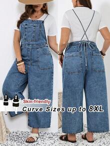 SHEIN CURVE+ 大码纯色休闲连体裤，春夏嘉年华服装，通勤度假毕业时尚Y2K可爱街头风派对婚礼优雅商务休闲女装，大码牛仔背带裤，休闲宽松阔腿连体裤，可调节肩带带口袋，浅蓝色 - 藍色 - 查看 9